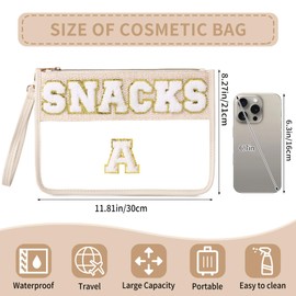 Pinkmik Chenille Letter Clear Zipper Pouch for Travel Clear Snack Bag Letter Makeup Pouch Bag for Women (Snacks-C)
