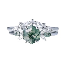 Moss Agate Floral Cluster Stackable Ring | Gemstone & Rhodium Plated Ring | Sterling Silver Rings for Women | Stackable Rings for Women | Gemstone Collection Bands | Non Tarnish Collection Bands