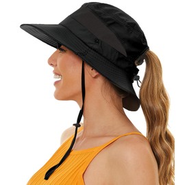 Sun Hat with Ponytail Hole for Women,Sun UV Protection UPF50+ Waterproof Beach Bucket Safari Hiking Hat for Women Black