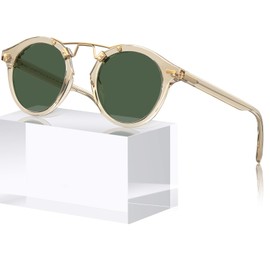 Carfia Small Clear Yellow Acetate Polarized Sunglasses for Women UV Protection, Retro Metal Double Bridge Eyewear Round Shade