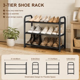 3-Tier Expandable Shoe Rack, 17"-41" Adjustable Shoe Shelf Storage Organizer, Heavy Duty Metal Free Standing Shoe Rack for Entryway Closet Doorway, Suitable for Families & Renters