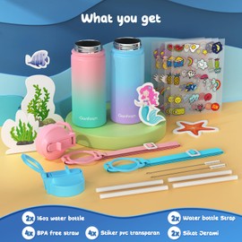 Kids Water Bottle, 2-Pack 16oz Kids Water Bottle with Stickers for School, insulated Stainless Steel Straw Cup(Pink+Blue)