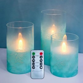 PETRISTRIKE Glass Flameless Candles, Battery Operated Led Pillar Candles, Teal Candles for Home Decorations, Centerpiece, Nautical Theme Party