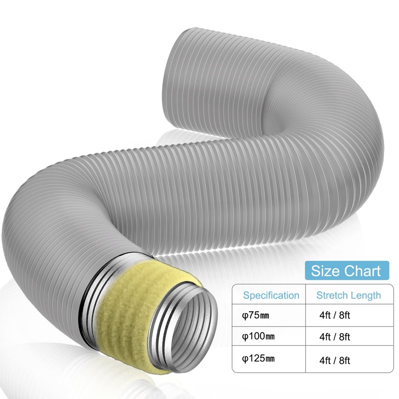 Hon&Guan 4'' Insulated Flexible Duct 4 FT Long, Gray Noise