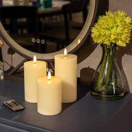 ANGELLOONG Ribbed Pillar Candles for Home Decor, Real Wax Flameless Candles with Remote, Set of 3 Battery Operated Candle, LED Electric Timer Candle for Bathroom Party Living Room Decor