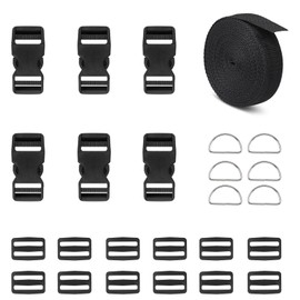 Buckle and Strap Set 1 Inch: 6 Yards of Thick Nylon Webbing, 6 Pcs of Heavy Duty Adjustable Quick Side Release Plastic Buckles, 12 pcs Three-way Sliding Plastic Buckle Clips, 6 Pcs Metal D Rings