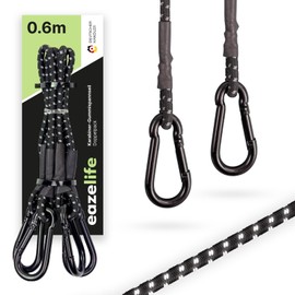 Set of 2 Elastic Straps with Carabiner, 60 cm / 120 cm, Reflective, Robust, Durable, Safe, Black Expander with Carabiner Hook for Sun Sail, Outdoor, Bicycle & Car (60 cm)