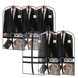 HZE Garment Bags for Hanging Clothes, 38.6” 6 Packs Garment Bags for Storage, Clear Garment Bags with 4 Zipper Pockets and for Hanging Clothes, Shirts, Coats, Dresses