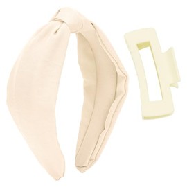 YISSION 2PCS Off-white Knotted Headband & Hair Claw Clip for Women Girls Non Slip Wide Head Band Large Square Claw Clips Top Knot Headband for Women Hair Accessories for Women