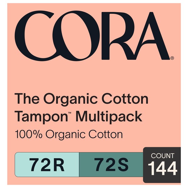 Cora Organic Applicator Tampon Multipack | 72 Regular and 72 Super Absorbency | 100% Organic Cotton, Unscented, Plant-Based Compact Applicator | Leak Protection, Easy Insertion, Non-Toxic