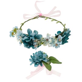 axy Flower Wreath Tiara Hair Wreath Women Girls (Flower Wreath and Flower Bracelet as Set), Adjustable for Wedding Carnival Festival Flowers Headband Hair Band Hair Accessories (Blue)