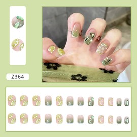 24Pcs Press on Nails with Lemon Green Rhinestone Designs, Coffin Full Cover Reusable Short False Nails with Glue, Glue on Nails Square with Charm, Artificial Finger Acrylic Fake Nails for Women