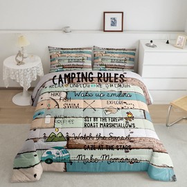 Feelyou Vintage Wooden Door Comforter Set Camper Bedding Set for Kids Boys Children Camping Travel Car Pattern Comforter Soft Decor Happy Camping Theme Quilt Set Twin Size