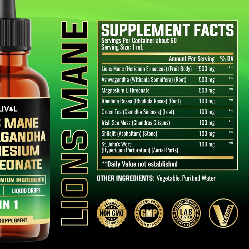 MILIVOL 8in1 Lions Mane Liquid Drops with Ashwagandha Root, Magnesium