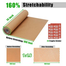 Honeycomb Packing Paper, 15" x 100' Eco Friendly Packing Materials for Shipping Breakable Recyclable Moving Supplies Paper Bubble Wrap Sheets Roll with 20 Fragile Sticker Labels