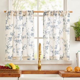 TOPICK Floral Linen Blend Kitchen Curtains 36 Inch Drop Short Cafe Curtains Light Filtering Small Window Curtain Tiers for Bathroom Living Room RV Rod Pocket 2 Panels Blue