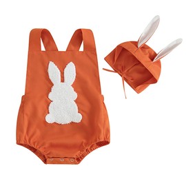 Baby Girls Easter Outfit Romper Bodysuit Infant Toddler Cute Sleeveless Ruffle Bunny Printed Jumpsuit Clothes (Brown, 0-3 Months)