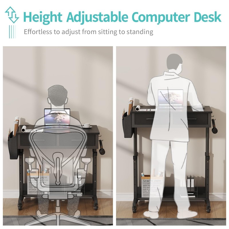 Small Portable Rolling Standing Desk - 32 Inch Adjustable Mobile