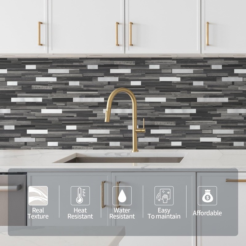 Yipscazo 10 Sheets Peel and Stick Stone Metal Tile Backsplash,