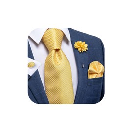 DiBanGu Silk Ties for Men Necktie and Lapel Pin Brooch Set Formal Woven Paisley Plaid Striped Solid Tie Wedding Party, Mustard Yellow