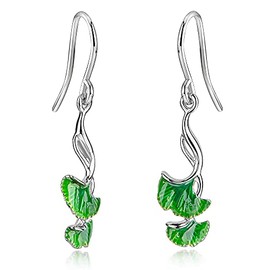 MATERIA by Matthias Wagner Gingko SO-89 Sterling Silver Dangle Earrings with Green Enamel, enamel