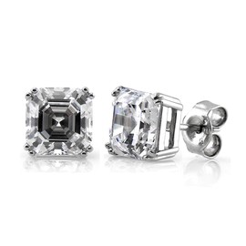 BERRICLE Sterling Silver Solitaire Asscher Cut Cubic Zirconia CZ Fashion Stud Earrings for Unisex, Rhodium Plated, 7mm