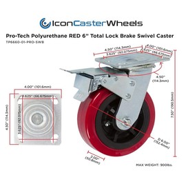 6 inch x 2 inch PRO-TECH Polyurethane Non-Marking Heavy Duty Casters with Total Lock Brakes, 3600 LBS Load Capacity, RED (4 Pack) - ICON 6660 Series