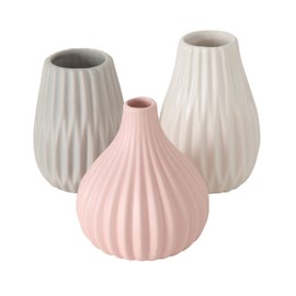 Iconic Scandi Baby Vases, Set of 3, Fluted, Color Soaked Ballet Slipper Pink, Soft Grey and Dusty Rose, Matte Glaze, 4.25 Diameter x 4.25 Inches Tall, Modern Ho