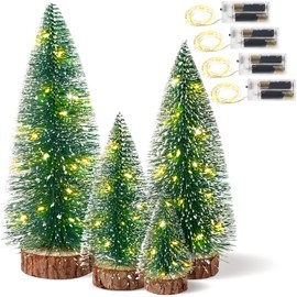 Hatisan 4pcs Mini Christmas Trees with Light, Artificial Christmas Tree Bottle Brush Trees with Wooden Base for Christmas Decor Party Home Table Holiday