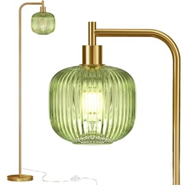QiMH Glass Floor Lamp for Living Room, Modern Standing Lamp with Ribbed Clear Glass Lampshade Pedal Switch, 67” Tall Lamp for Bedroom Study Room, Brushed Gold (2700K LED Bulb Included)