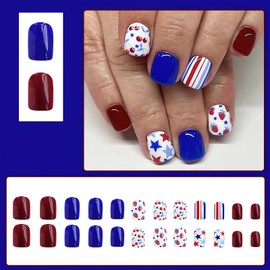 Mkwntg 4th of July Press on Nails Short Square Fake Nails Cute Star Cherry False Nails Glossy Independence Day Red Blue Solid Color Full Cover Glue on Nails for Women Girls Manicure Decoration 24Pcs