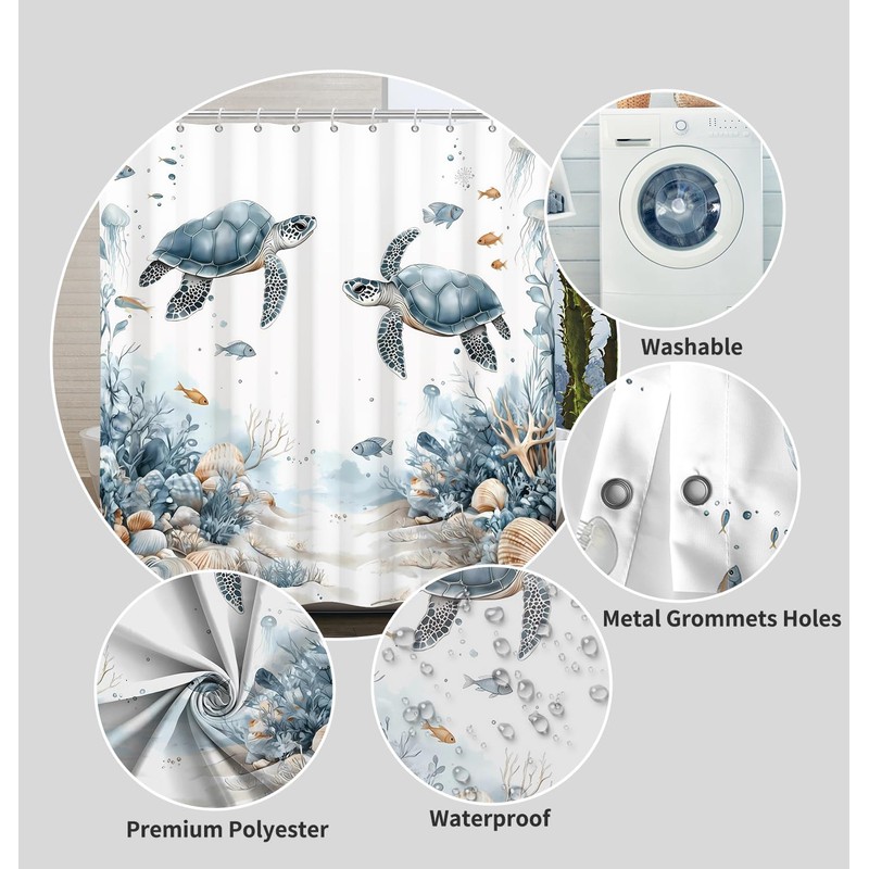 ChloropLastid Ocean Shower Curtain, Turtle Fish Coastal Beach Bathroom Decor