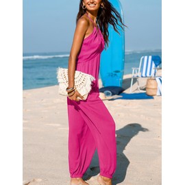 CUPSHE Women's Summer Overall Jumpsuit Plunging Halter Sleeveless Casual Dressy Outfit Wide Leg Pockets Maxi Romper Hot Pink, M