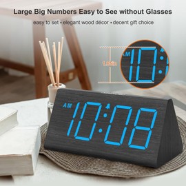 DreamSky Wooden Digital Alarm Clocks for Bedrooms - Electric Desk Black-blue