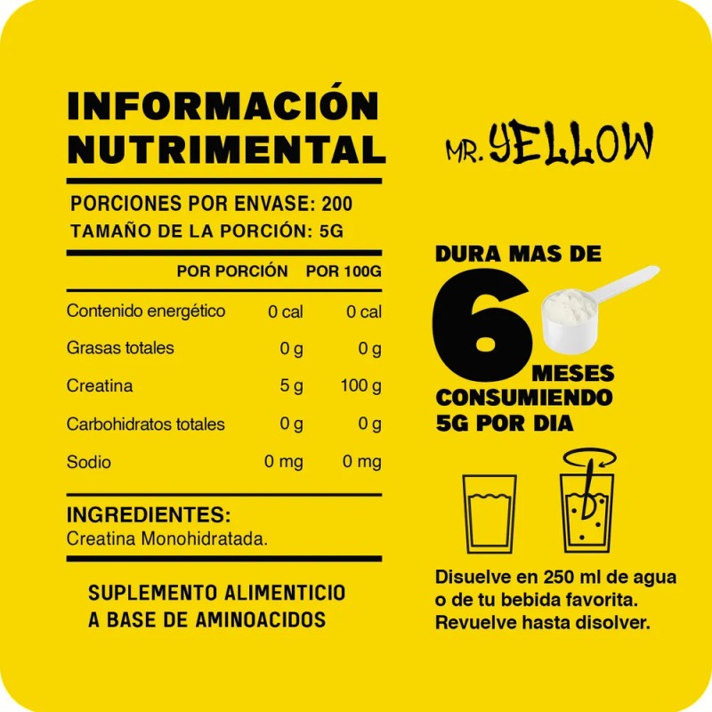 Creatina Monohidratada 1kg Mr. Yellow Sabores 200 Servicios