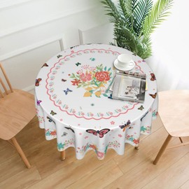 Spring Summer Floral Tablecloth Round 60 Inch Watercolor Butterfly Flower Table Cloth Washable Farmhouse Table Covers for Kitchen Holiday Picnic Party Dinner Room Picnic Indoor Outdoor Decor