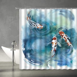 Koi Fish Shower Curtain Japanese Colorful Carp in The Pond Watercolor Ink Painting Art Asian Fabric Bathroom Decor Set 70x70 Inches Include Hooks