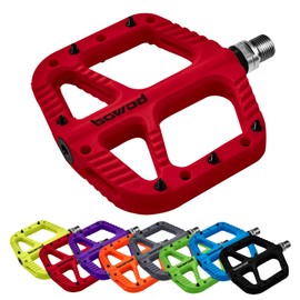 BOWOD Bicycle Pedals Mountain Bike Pedals Adult, Non-Slip MTB Pedals Flat, Light and Large Nylon Fiber Platform Pedals, Grippy Composite Pedals w 12Pins w Cr-Mo Axel, Red Pedals for BMX MTB Bike 9/16"