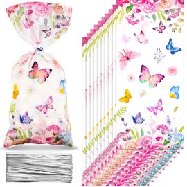 Pajean 100 Pcs Butterflies Cellophane Treat Bags Watercolor Flowers Butterfly Printed Goodie Candy Favor Bags with 100 Twist Ties for Butterfly Girls Birthday Baby Shower Summer Themed Party Supplies