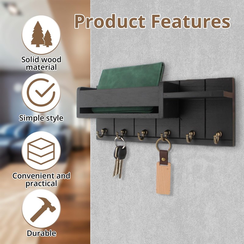 TPTGIAR Wooden Key Rack with Shelf, Includes Letter Holder and