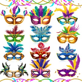 Woosytoo 12 PCS Mardi Gras Masks Paper Colorful Masquerade Masks Vintage Feather Mask Parade Prom Party Favors for Men Women Kids New Orleans Mardi Gras Costume Venetian Photo Booth Props