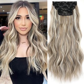 Samtress Hair Extensions Clip in for Women 20 Inch Clip in Long Wavy Curly Hair Extension 4 PCS Synthetic Hair Extension Thick Hairpieces Ashy Brown Mixed Blonde (#12H613)