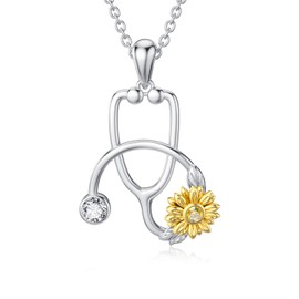 enjoylifecreative Stethoscope Chain with Sunflowers Birthstone Chain for Women 925 Sterling Silver Graduation Doctor Nurse Jewellery Gift for Nurses, Sterling Silver, Cubic Zirconia