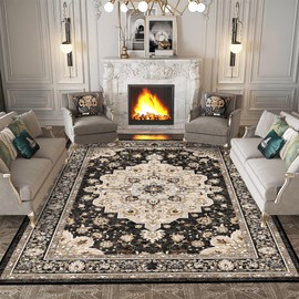 HY HAO YUN LAI Washable Living Room Area Rug - 8 x 10 Stain Resistant Medallion Soft Bedroom Rugs Distressed Design Non Shedding Carpet for Indoor Outdoor Floor Coverings (8x10 Black)