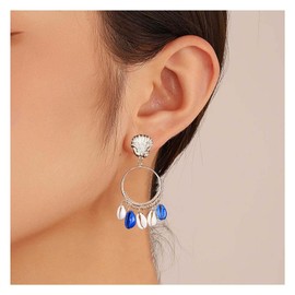 Allereya Vintage Seashell Drop Earrings Gold Circle Hoop Earrings Geometric Drop Earrings Blue Shell Dangle Earrings Jewelry for Women and Girls