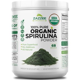 Zazzee Organic Spirulina Powder, 8 Ounces, USDA Certified, 68 Servings, 100% Pure, Kosher, Non-Irradiated, Mess-Free Wide Mouth Container, Fresh Smell and Neutral Taste, Non-GMO, Gluten-Free