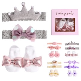 Juego de 3 Piezas Diademas y Calcetines para Bebe, Diademas de Moños para Niñas, Calcetines niña, Banditas para Bebe Niña, Calcetines Diadema de Lazos para Bebé Recién Nacido, Regalo para Niñas