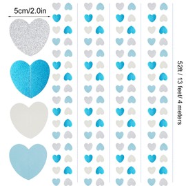 Celmuron Light Blue White Silver Heart Garland 52ft – Glitter Paper Sewn Party Decorations Streamers for Birthday, Baby Shower & Wedding