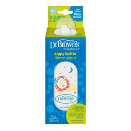 Dr. Brown's Milestones Narrow Sippy Bottle, 100% Silicone Soft Sippy Spout, 8oz/250mL, 6m+, Lion