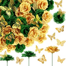 Solsew 296 Pcs Faux Roses with Stem and 3D Butterfly Decorations Artificial Flowers Bulk Stemless Fake Silk Roses for Wedding Party Baby Shower DIY Home Decor(Green, Gold)